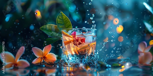 A refreshing cocktail splashes in a glass with flowers and ice on a dark background