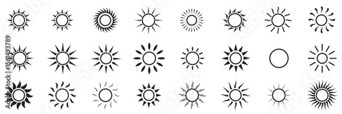  sun icons set, sunshine and solar glow, sunrise or sunset. Decorative circle full and half sun and sunlight.