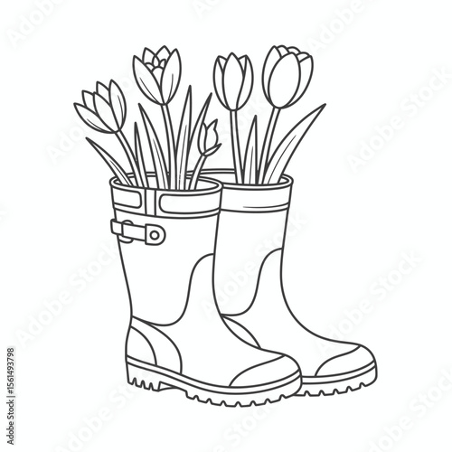 Spring Flowers in Rubber Boots Line Art Illustration