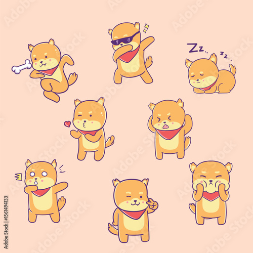 Cartoon of a Shiba Inu dog in different poses on a peach background