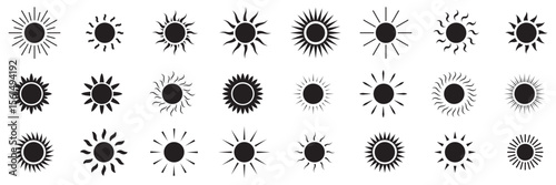 Sun icons set. Sun weather symbol collection. Sunshine, sunlight, sunburst icon set. Solar energy. Vector illustration .  