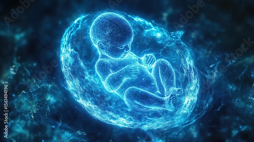 Glowing Futuristic Baby Fetus Digital Wireframe Concept In Uterus Illustration