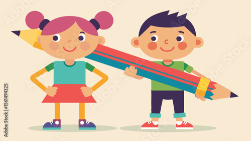 Students children fun diverse early education Cute boy and girl holding giant