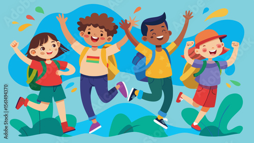 Young learners learning knowledge teamwork school Group diverse children jumping with backpac