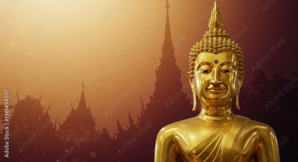 Fototapeta premium A soft gradient from pale saffron to deep maroon, the detailed gold Buddha statue is centered with a glowing aura.