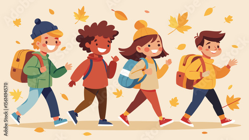 Books drawing teacher early education school spirit Group kids walking together with backpacks