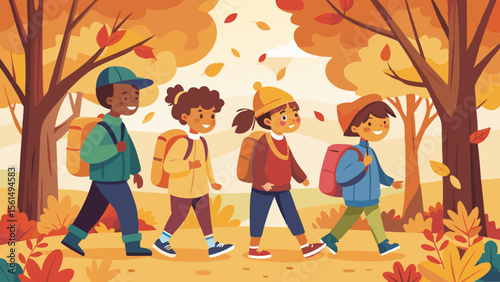 Learning playground supplies back to school school Children walking under autumn leaves with