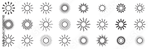 Sun icons set. Sun weather symbol collection. Sunshine, sunlight, sunburst icon set. Solar energy. Vector illustration .  