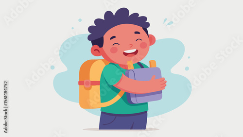 Joy curiosity playful teacher school spirit Excited child hugging big backpack ready