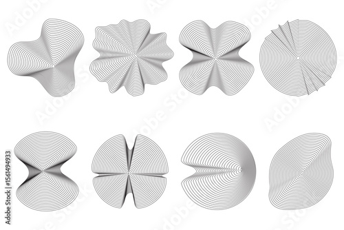 Topography abstract shapes with organic wavy line pattern. Tree ring circular annual circles. Vector ripple geometric sound graphic. Simple dynamic contour illustrations on white background