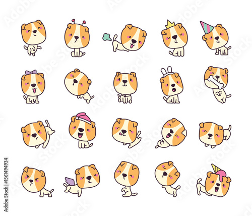 Twenty cute cartoon dogs display varying expressions and actions on a plain white background
