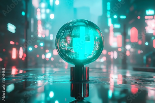A turquoise glass sphere resting on a sleek modern stand floating over a cyberpunk city ambient neon lighting reflective surfaces detailed 3D illustration bokeh effect ultra HD