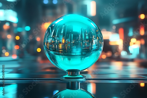 A turquoise glass sphere resting on a sleek modern stand floating over a cyberpunk city ambient neon lighting reflective surfaces detailed 3D illustration bokeh effect ultra HD
