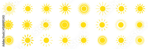 Sun vector set  yellow color . Sun simple icons collection. Yellow sun icon set, sunshine and solar glow . Vector illustration isolated on white background.  