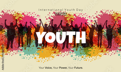 Colorful youth day banner with silhouettes and paint splashes. Highlight unity, strength, and bright future for International Youth Day on August 12th.