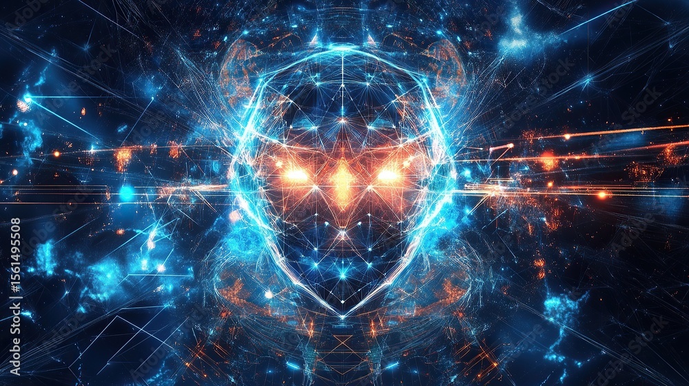 Fototapeta premium Futuristic Digital Face with Glowing Blue and Orange Neural Network