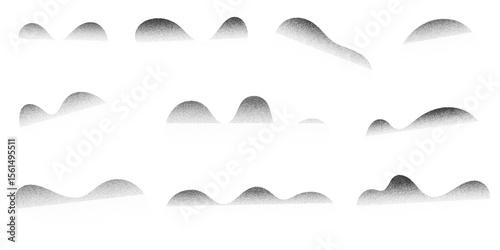 Grainy dotted abstract shapes on white background. Noisy gradient with black stipple shadow. Vector liquid figures with dotted fade. Dusty spots with diffuse texture. Monochrome fluid effect