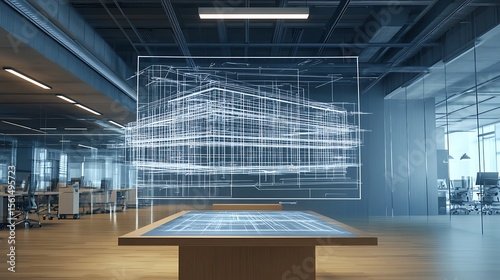 Advanced commercial building blueprint projection hovering above interactive table in a minimalist open office with LED ceiling lights