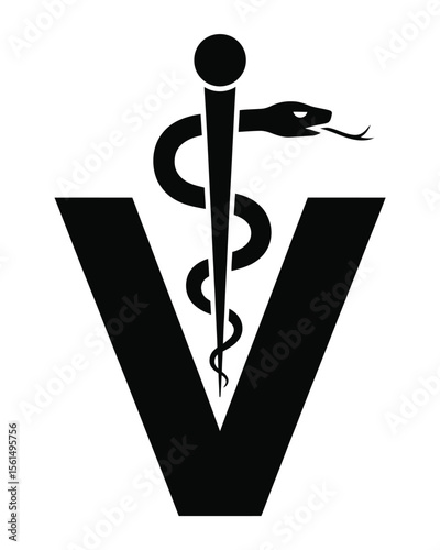 Black silhouette of a veterinary caduceus symbol with a large letter v