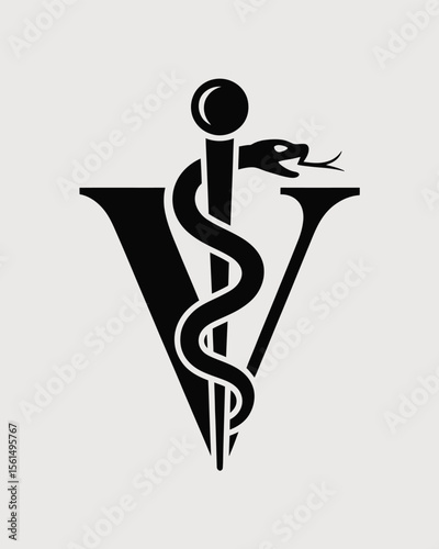 Veterinary symbol with a snake coiled around a staff and a v shape