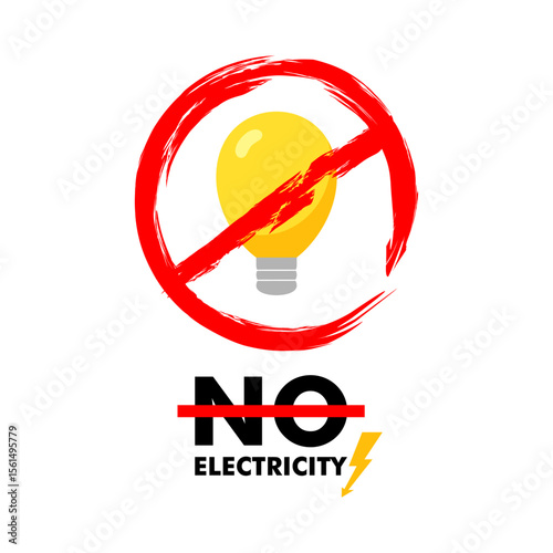 light bulb with no hand drawn red sign, No electricity text, power cuts, electricity crisis concept.
