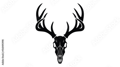 Stylized black silhouette of a deer skull with large antlers on white background