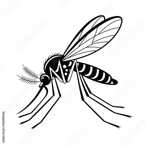 Stylized black and white illustration of a mosquito with detailed wings and body