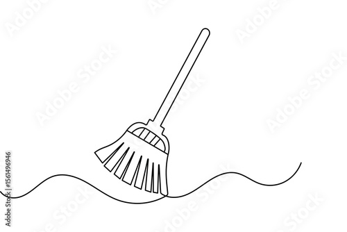 Continuous one line broom drawing minimalist vector outline design isolated on white background
