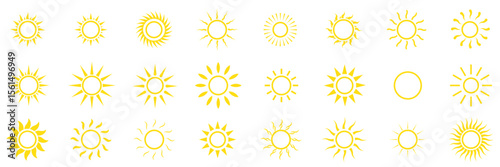 Sun icon set in yellow color on white background. Sun simple icons collection. Yellow sun icon set, sunshine and solar glow, sunrise or sunset. eps 10 