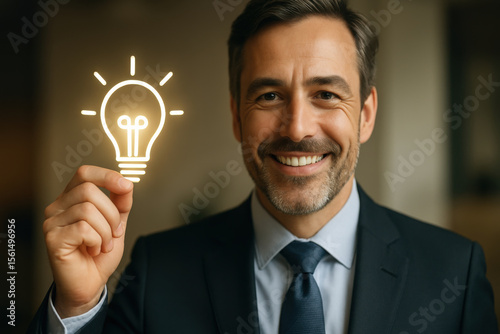 Innovative idea in focus, smiling businessman holding glowing light bulb symbolizing creativity and inspiration. image conveys sense of optimism and forward thinking