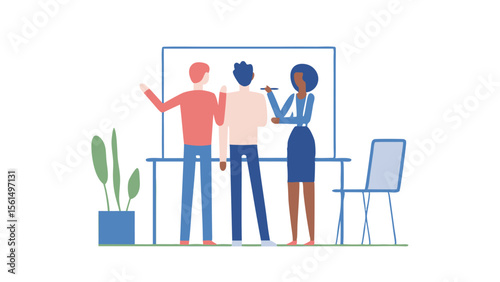 Three people discussing ideas at a whiteboard in an office with a plant and chair present here