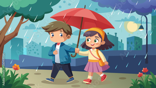 Curiosity academic early education school school life Boy and girl sharing umbrella rainy