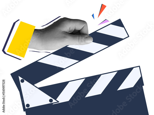 Hand with clapperboard. Modern collage style. Illustration on transparent background