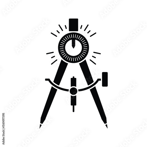 Black silhouette of a drafting compass with a circular protractor and radiating lines