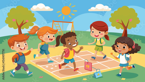 Classmates back to school playground imagination creative Kids playing hopscotch playground with bac