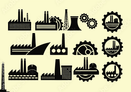 Black and White Industrial Factory Icons Set Gear Cogwheel Manufacturing Symbols Collection