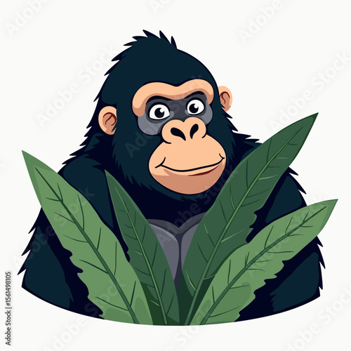 Cartoon Gorilla Peeking Out from Behind Green Leaves Illustration, Wildlife Animal in Natural Habitat