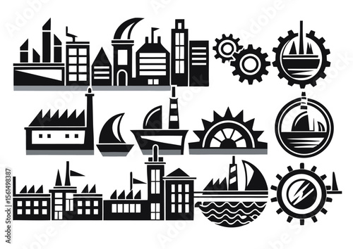 Black and White Industrial Cityscape Icons Set Buildings Ships Gears Vector Illustration