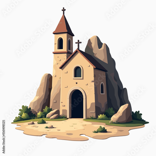 Quaint Cartoon Church Building with Cross on Top Surrounded by Rocks and Greenery Illustration