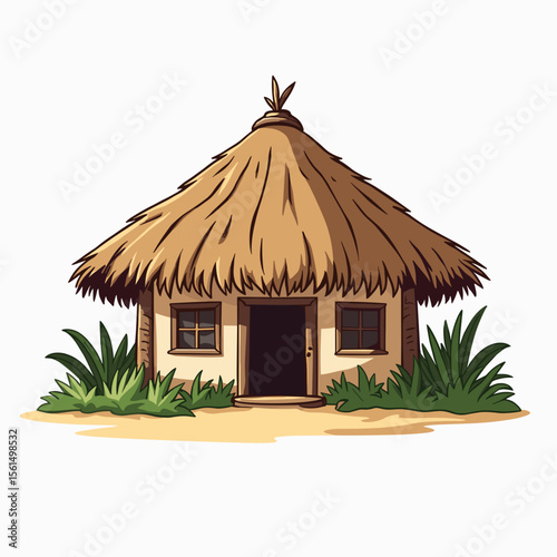 Cartoon Hut with Thatched Roof and Greenery, Simple Dwelling Illustration for Children's Book