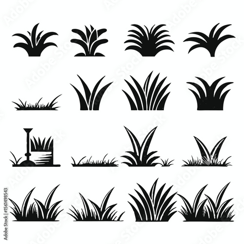 Black and White Vector Grass Silhouette Set Garden Plants Nature Icons Various Styles