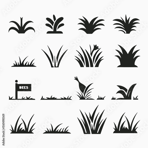 Black Silhouettes Collection Various Grass Blades and Tufts Icons Set vector