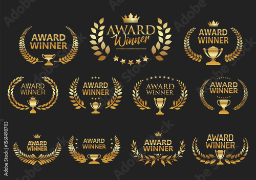 Award Winner emblem collection of gold laurel wreath isolated on black background 