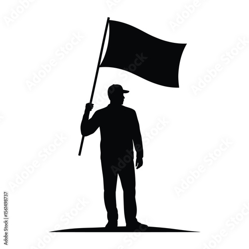 Silhouette of a man wearing a cap holding a black flag on a white background