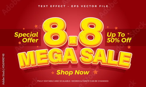 The 8.8 Mega Sale illustration concept is vibrant, energetic and visually appealing. The text effect on the number 8.8 is in a three-dimensional style