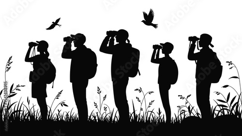 Group of diverse people silhouettes birdwatching with binoculars in a grassy field
