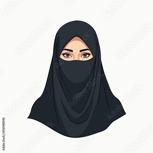 Illustration of a Muslim Woman Wearing a Black Niqab, a Veil Covering the Face