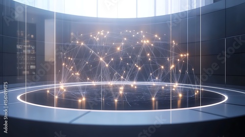 Digital hologram of an abstract global network projection with glowing points connected in a sleek corporate environment
