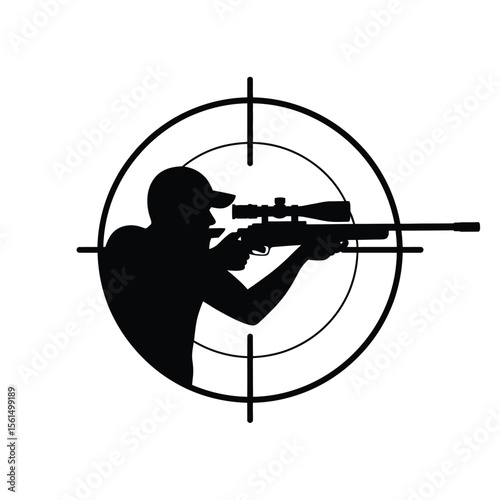 Silhouette of a sniper aiming a rifle through a scope and crosshairs