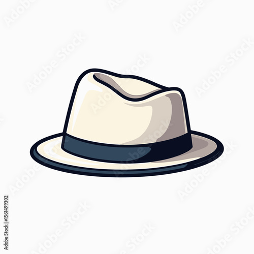 Stylish White Fedora Hat with Blue Band Illustration, Classic Headwear Fashion Accessory